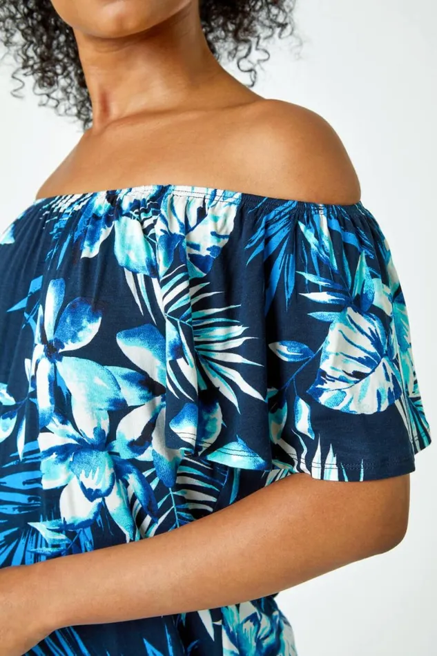 Women Blue Petite Tropical Stretch Jersey Bardot Top Roman Tops
