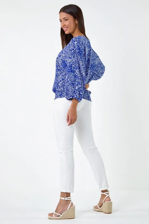 Women Blue Printed Balloon Sleeve Shirred Hem Top Roman Tops