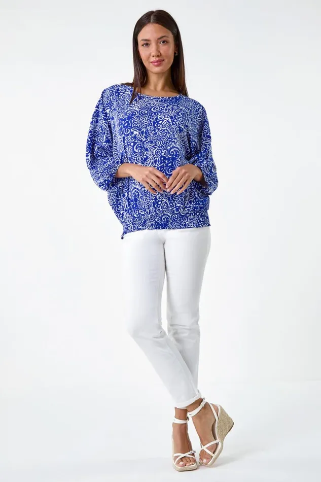 Women Blue Printed Balloon Sleeve Shirred Hem Top Roman Tops