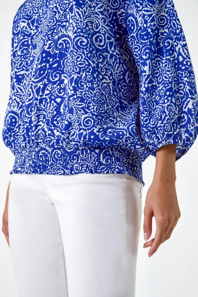 Women Blue Printed Balloon Sleeve Shirred Hem Top Roman Tops