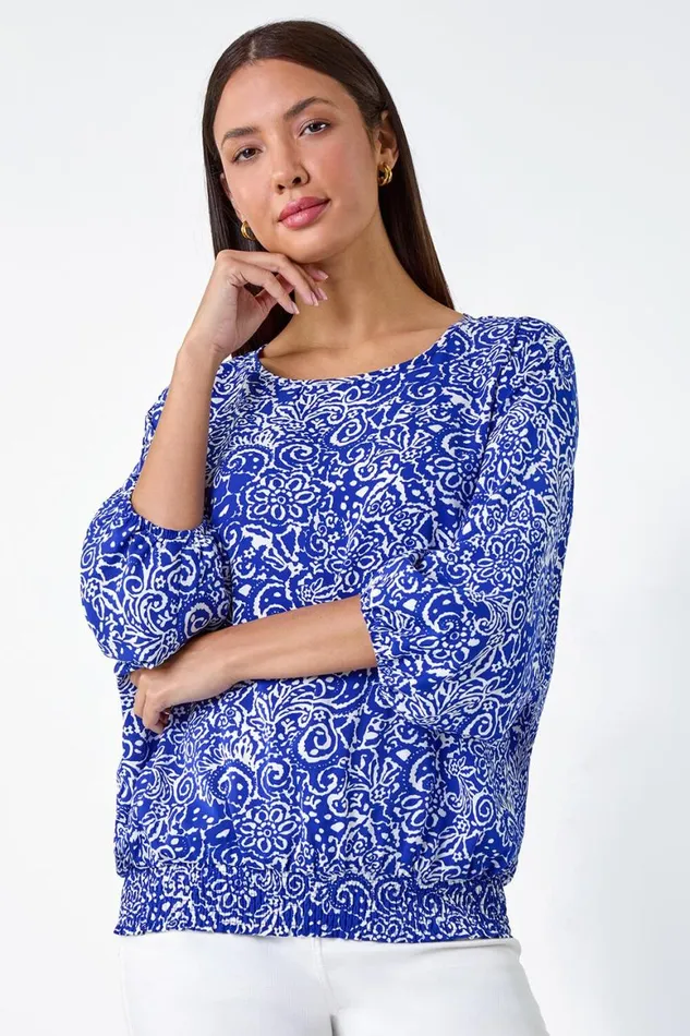 Women Blue Printed Balloon Sleeve Shirred Hem Top Roman Tops