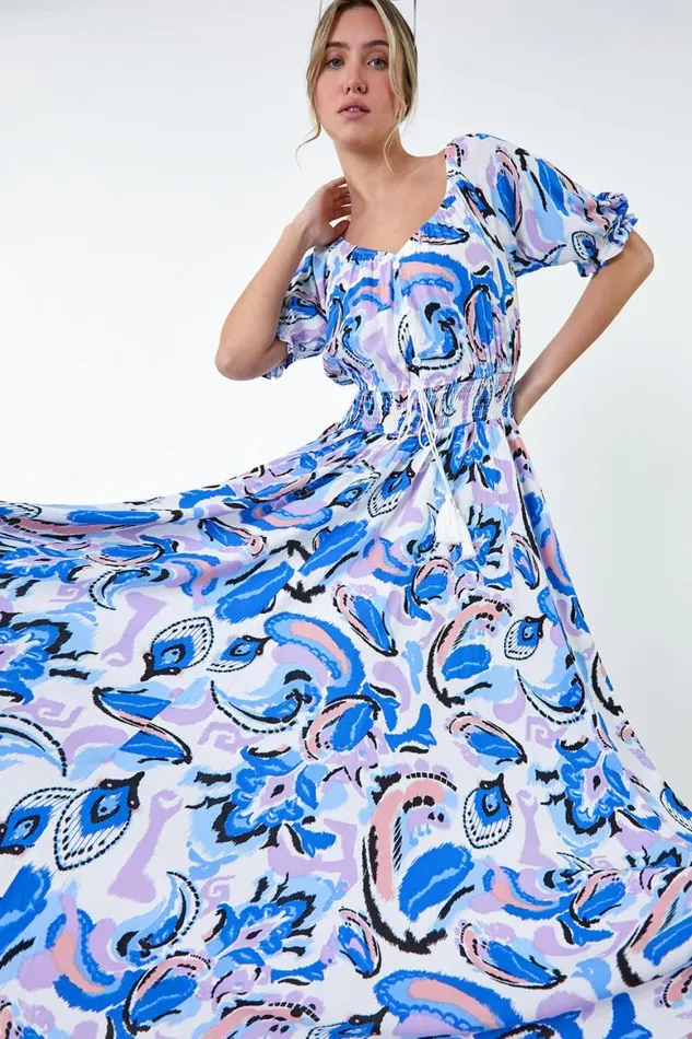 Women Blue Shirred Waist Abstract Print Maxi Dress Roman Dresses