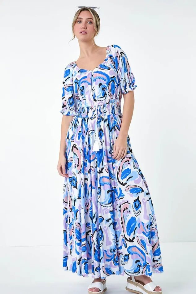 Women Blue Shirred Waist Abstract Print Maxi Dress Roman Dresses