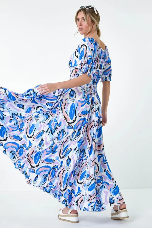 Women Blue Shirred Waist Abstract Print Maxi Dress Roman Dresses