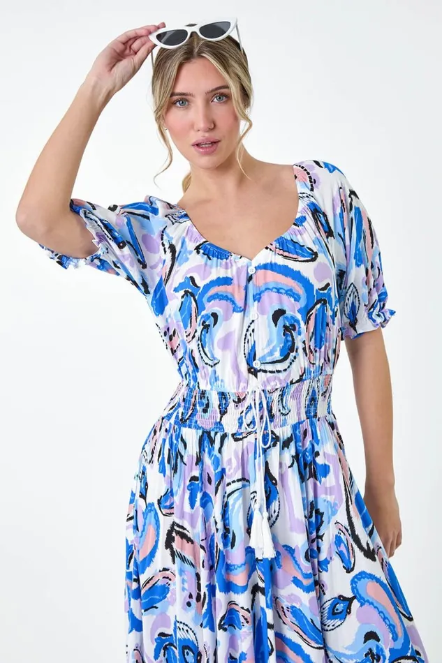 Women Blue Shirred Waist Abstract Print Maxi Dress Roman Dresses