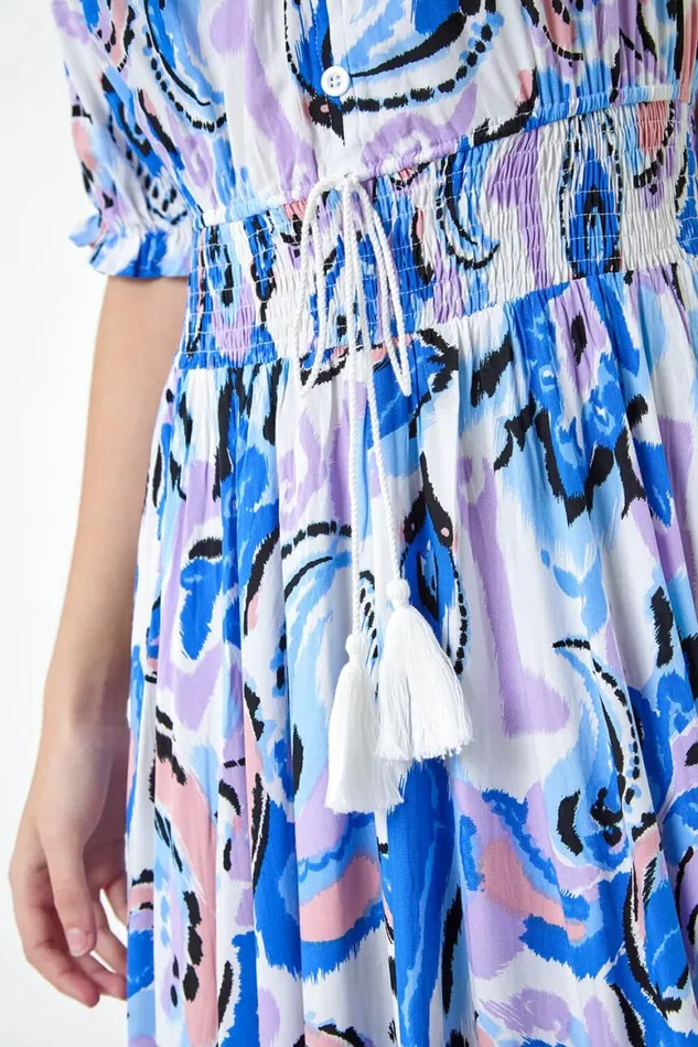 Women Blue Shirred Waist Abstract Print Maxi Dress Roman Dresses
