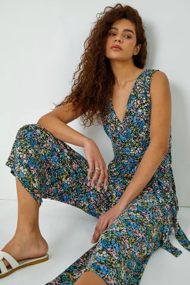 Women Blue Sleeveless Floral Print Stretch Jumpsuit Roman Dresses