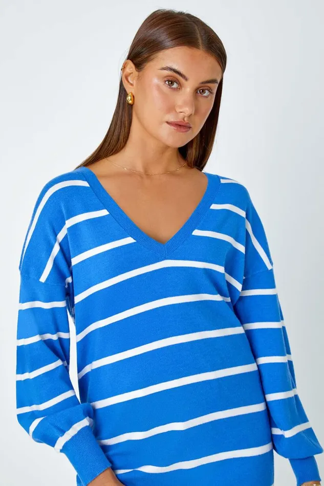 Women Blue Stripe Print Knitted Jumper Roman Knitwear