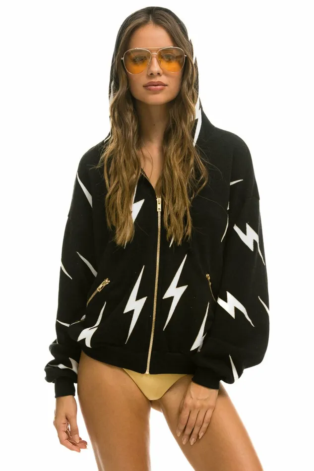 Women BOLT STITCH REPEAT RELAXED ZIP HOODIE WITH POCKET ZIPPERS BLACK WHITE Aviator Nation BoltCollection Women BOLT STITCH REPEAT RELAXED ZIP HOODIE WITH POCKET ZIPPERS BLACK WHITE Aviator Nation BoltCollection