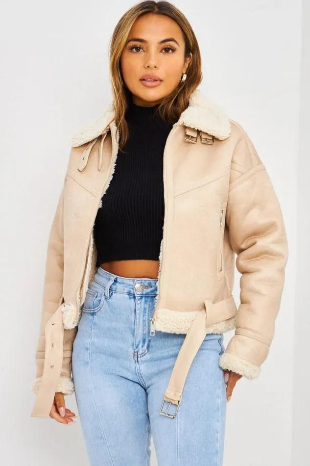 Women Bomber Aviateur Beige Court Peau De Mouton Beige Brentiny Paris Jackets