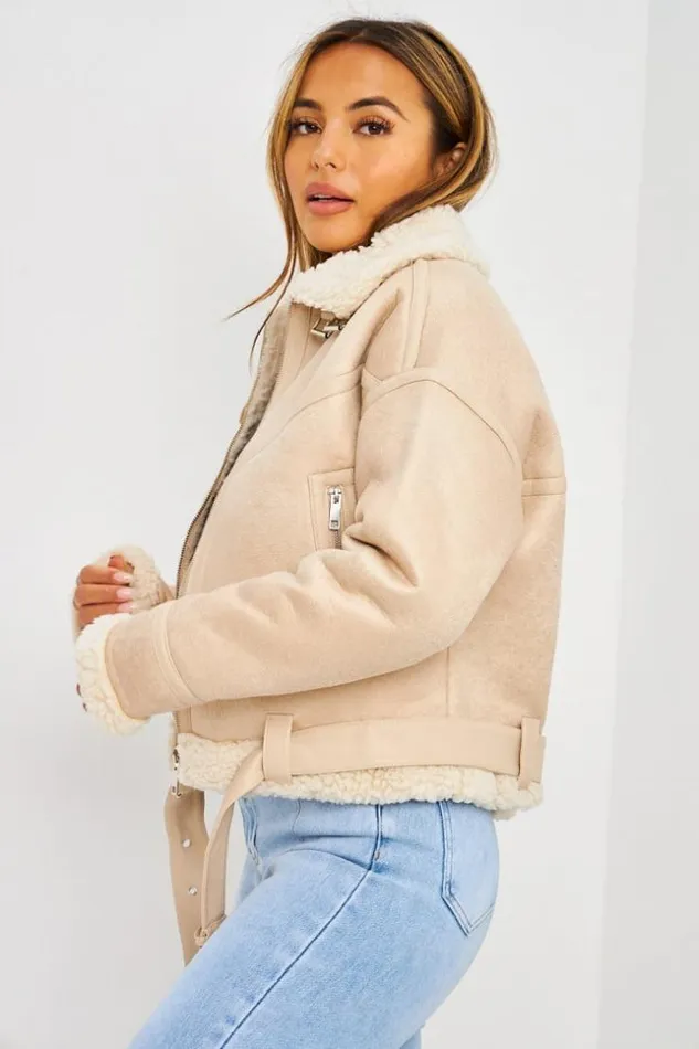 Women Bomber Aviateur Beige Court Peau De Mouton Beige Brentiny Paris Jackets