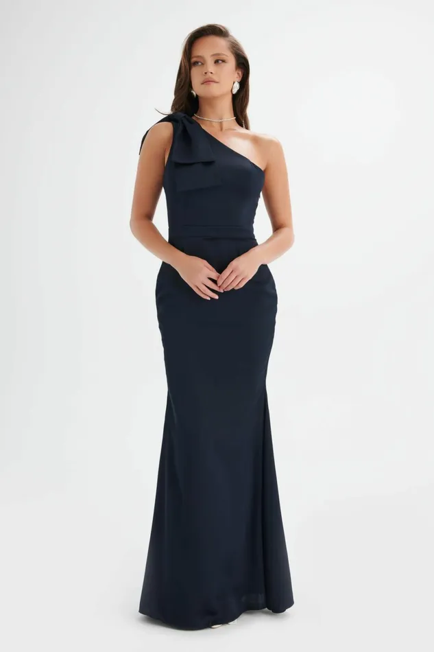 Women Bridesmaid Lavish Alice ALESSANDRA Satin Bow Shoulder Maxi Dress In Midnight Blue Midnight Blue