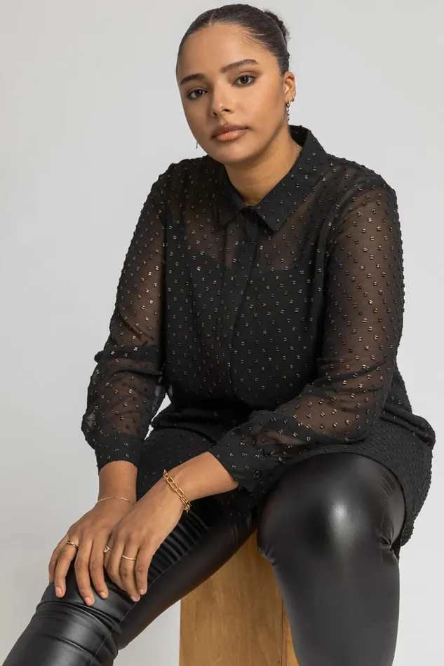 Women Bronze Curve Textured Spot Shimmer Blouse Roman Tops