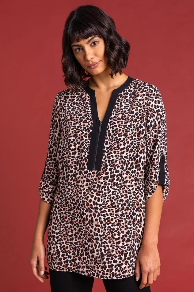 Women Brown Animal Printed Zip Detail Top Roman Tops