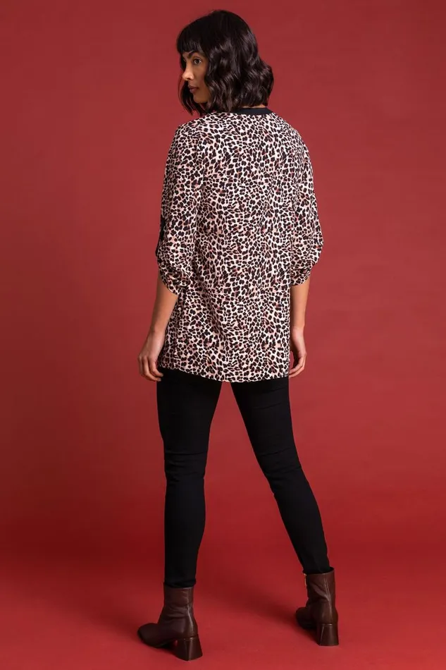 Women Brown Animal Printed Zip Detail Top Roman Tops