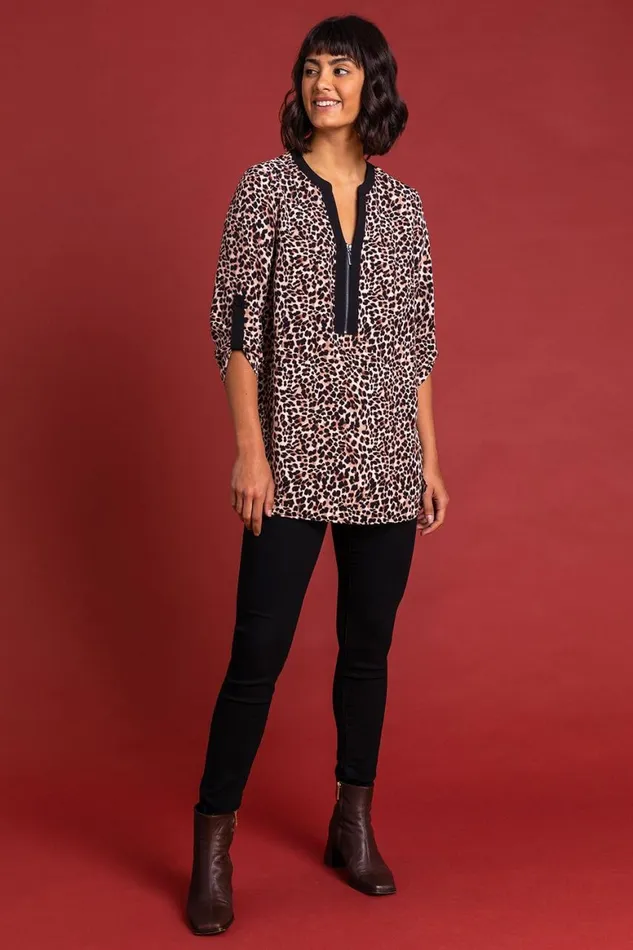 Women Brown Animal Printed Zip Detail Top Roman Tops
