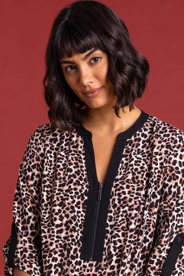 Women Brown Animal Printed Zip Detail Top Roman Tops