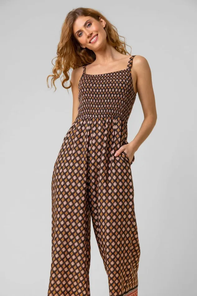 Women Brown Contrast Geo Print Belted Jumpsuit Roman Dresses
