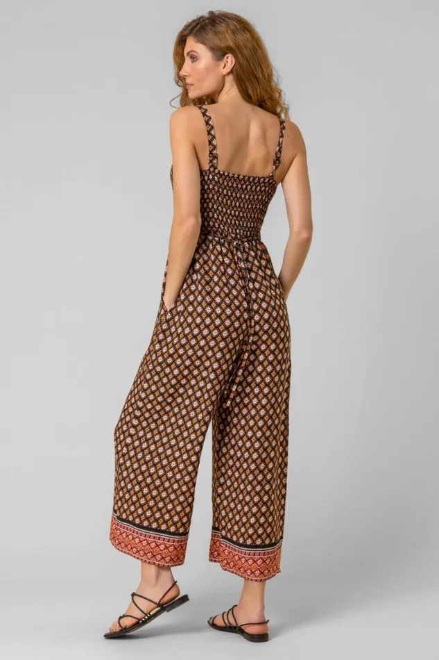 Women Brown Contrast Geo Print Belted Jumpsuit Roman Dresses