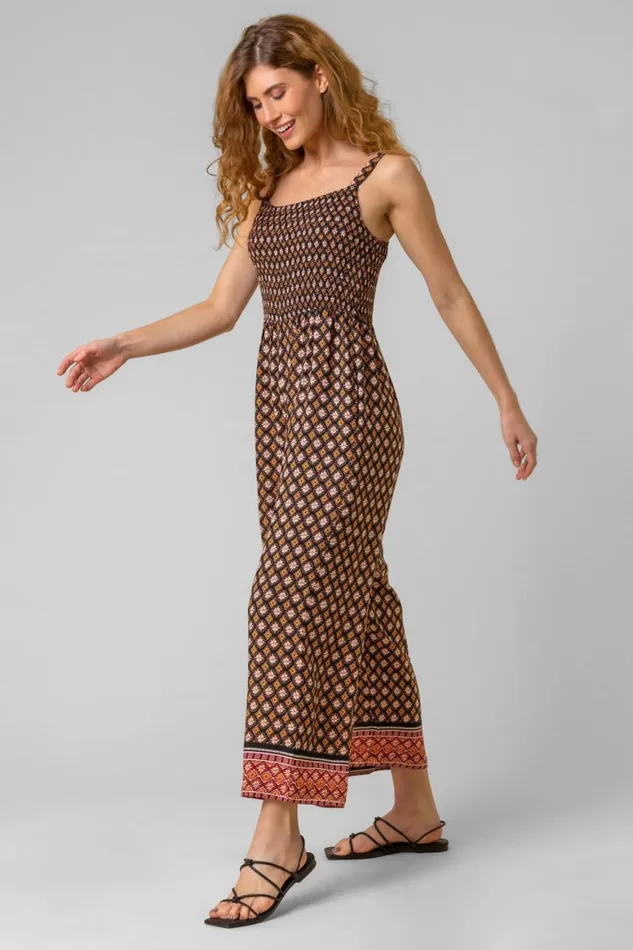 Women Brown Contrast Geo Print Belted Jumpsuit Roman Dresses