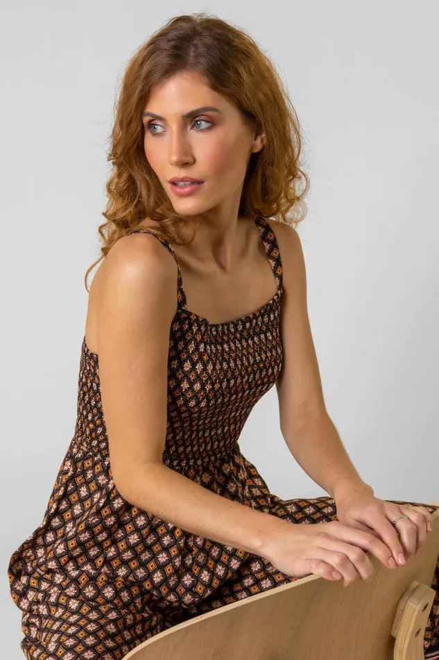 Women Brown Contrast Geo Print Belted Jumpsuit Roman Dresses