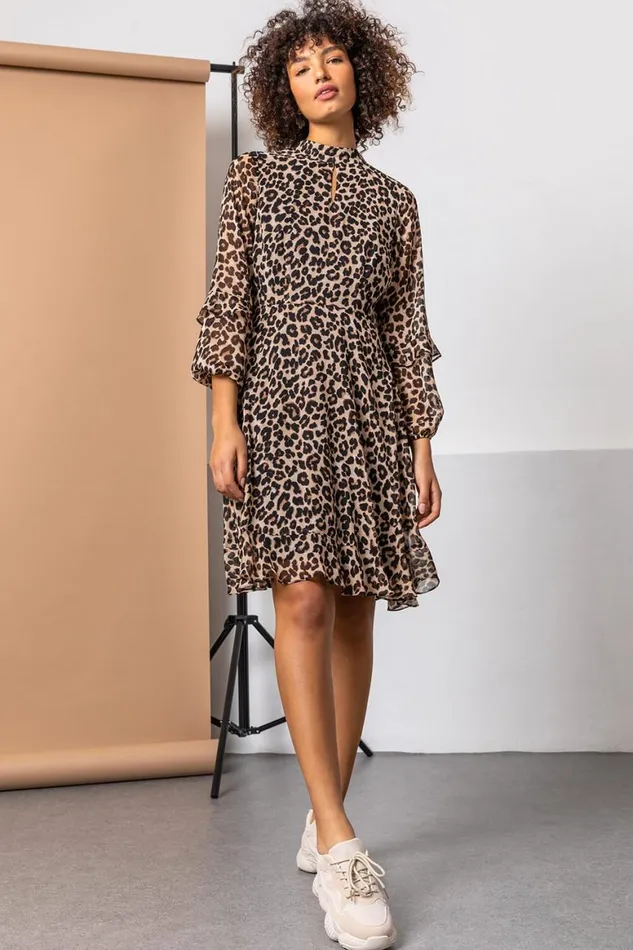 Women Brown Leopard Print Detail Chiffon Dress Roman Dresses