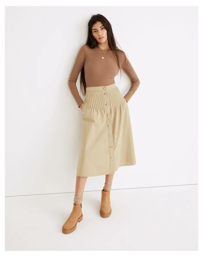 Women Button Front Pintuck Midi Skirt Muted Olive Madewell Skirts