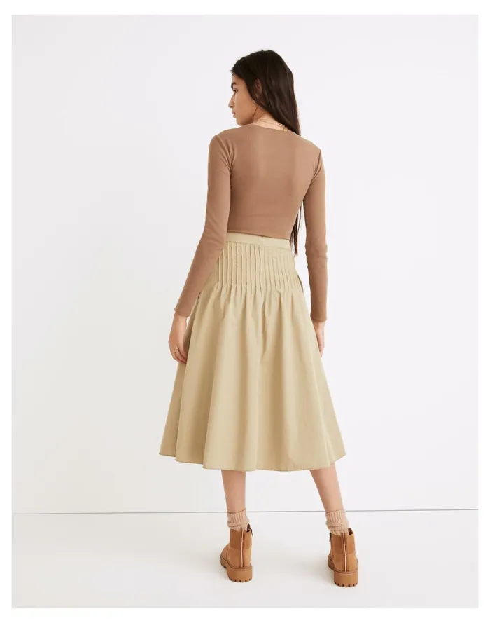 Women Button Front Pintuck Midi Skirt Muted Olive Madewell Skirts Women Button Front Pintuck Midi Skirt Muted Olive Madewell Skirts
