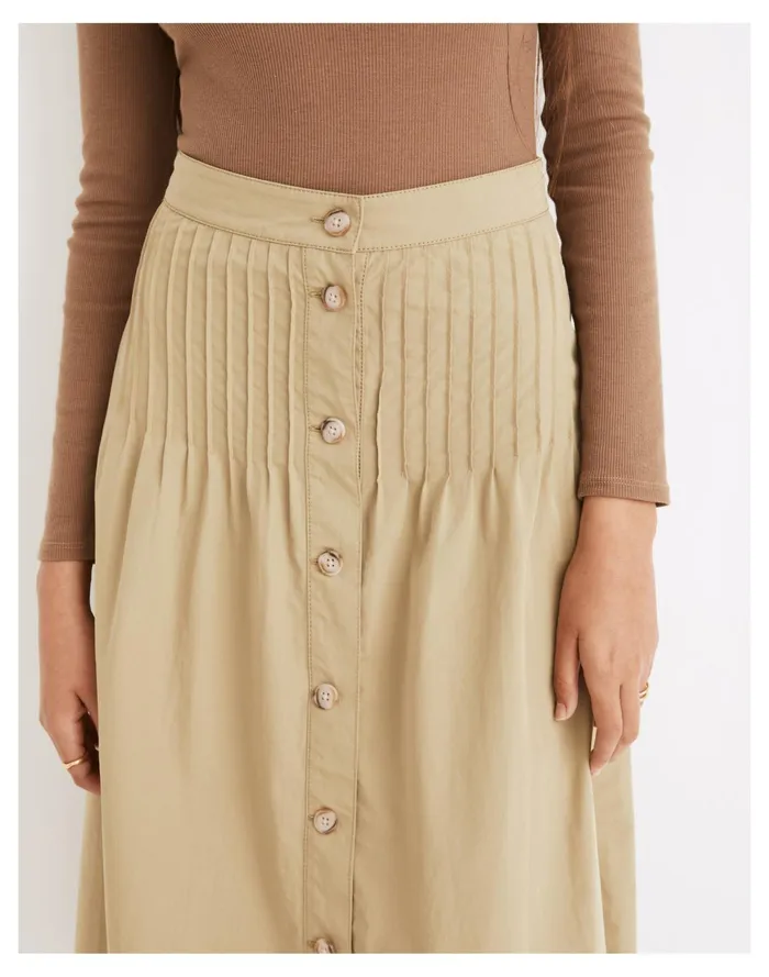 Women Button Front Pintuck Midi Skirt Muted Olive Madewell Skirts Women Button Front Pintuck Midi Skirt Muted Olive Madewell Skirts