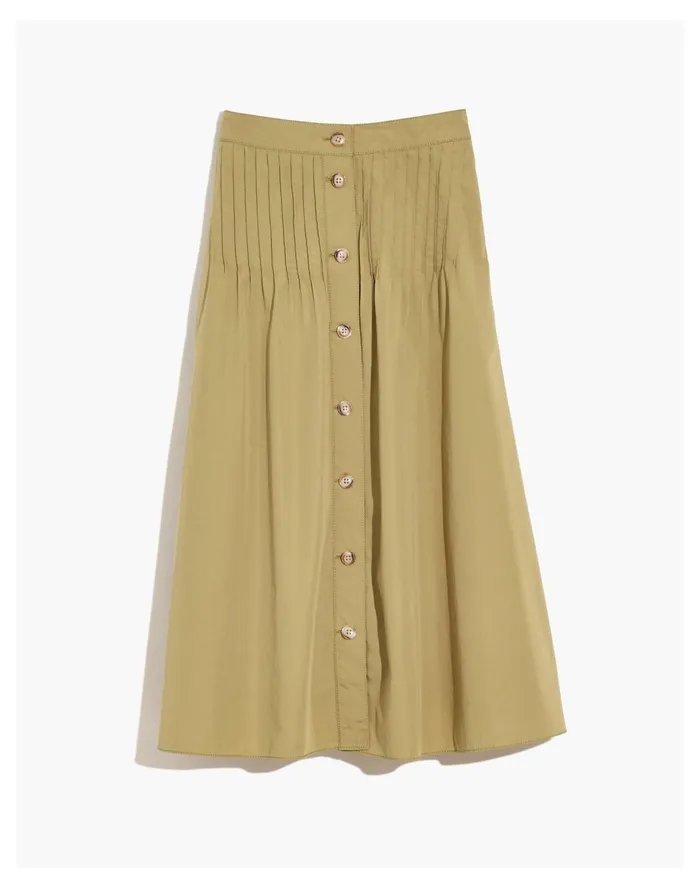 Women Button Front Pintuck Midi Skirt Muted Olive Madewell Skirts Women Button Front Pintuck Midi Skirt Muted Olive Madewell Skirts
