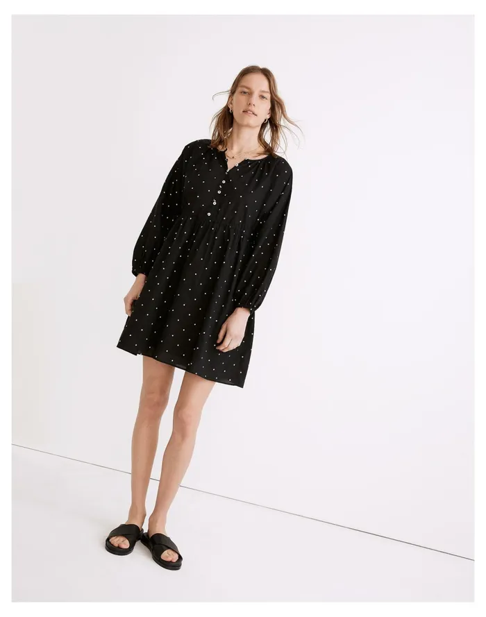 Women Button Front Tie Waist Mini Dress In Square Spot True Black Madewell Dresses