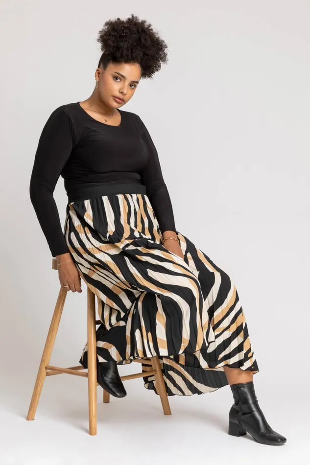 Women Camel Curve Abstract Print Pleated Midi Skirt Roman Skirts