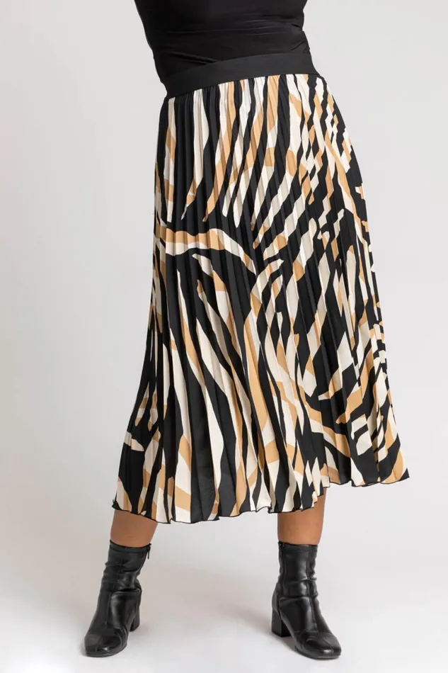 Women Camel Curve Abstract Print Pleated Midi Skirt Roman Skirts