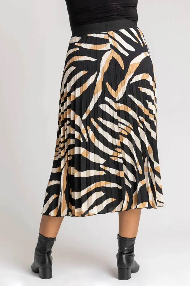 Women Camel Curve Abstract Print Pleated Midi Skirt Roman Skirts