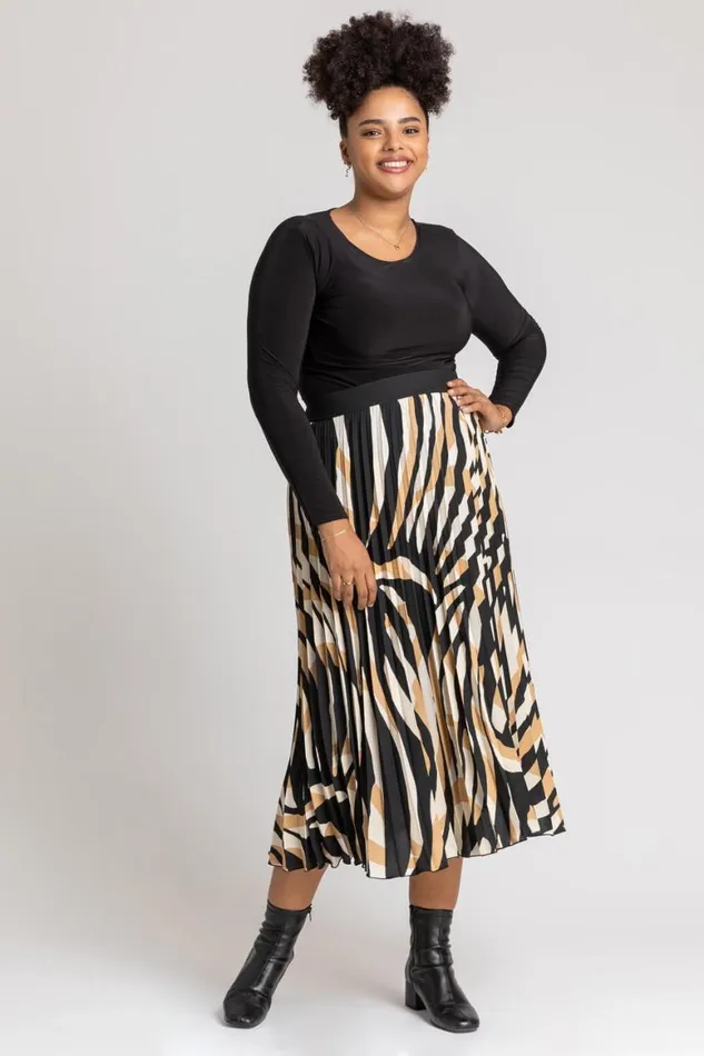 Women Camel Curve Abstract Print Pleated Midi Skirt Roman Skirts