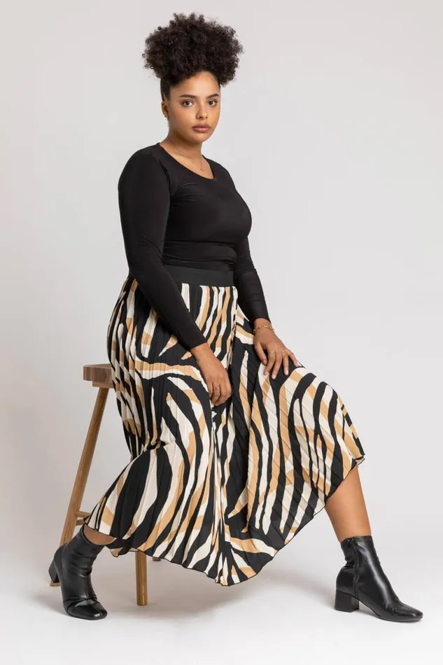 Women Camel Curve Abstract Print Pleated Midi Skirt Roman Skirts
