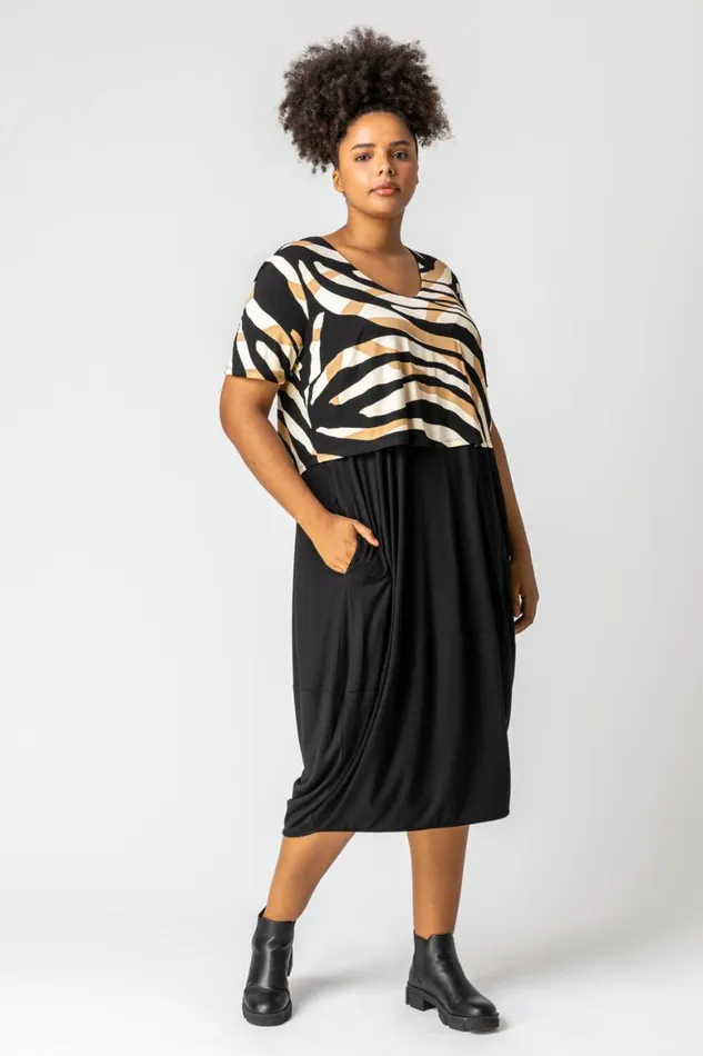 Women Camel Curve Tiger Print Contrast Print Jersey Dress Roman Dresses