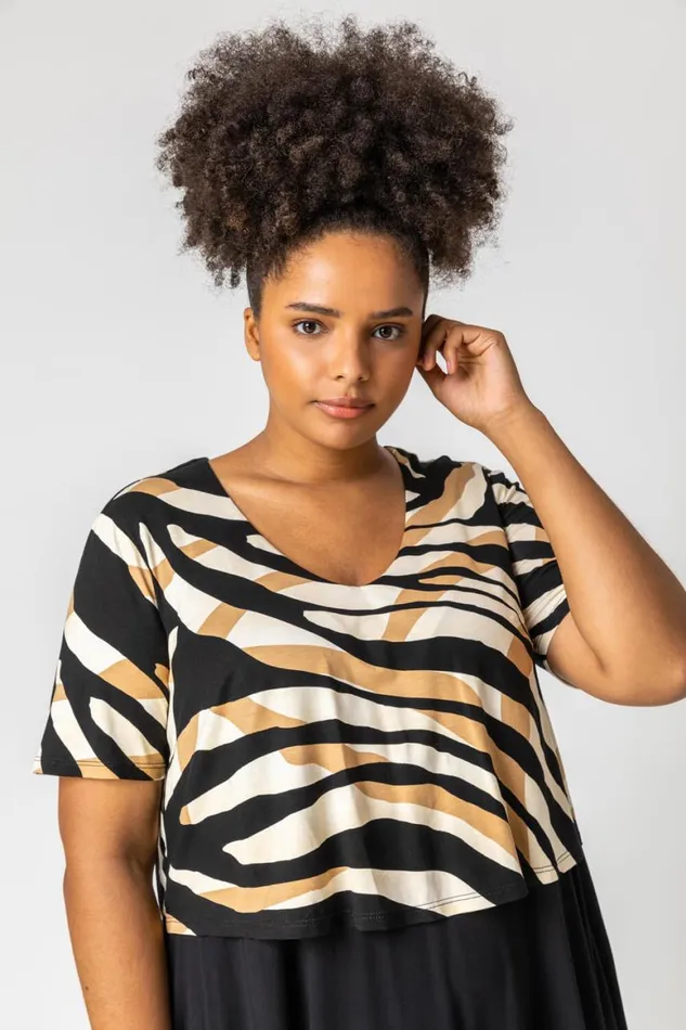 Women Camel Curve Tiger Print Contrast Print Jersey Dress Roman Dresses