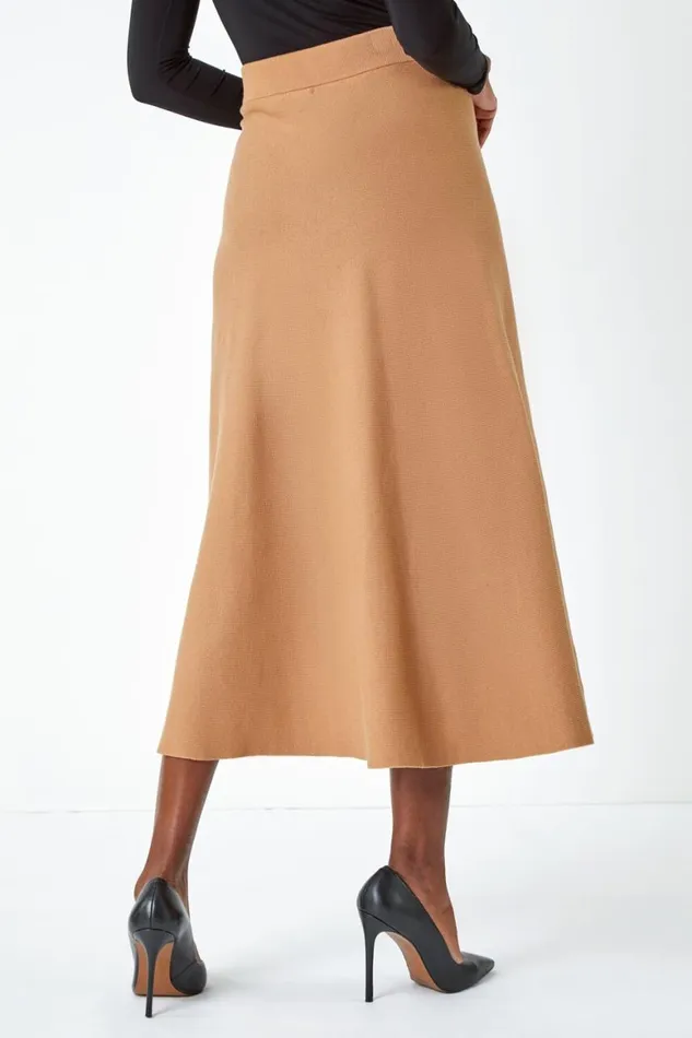 Women Camel Knitted Elastic Waist A Line Midi Skirt Roman Skirts