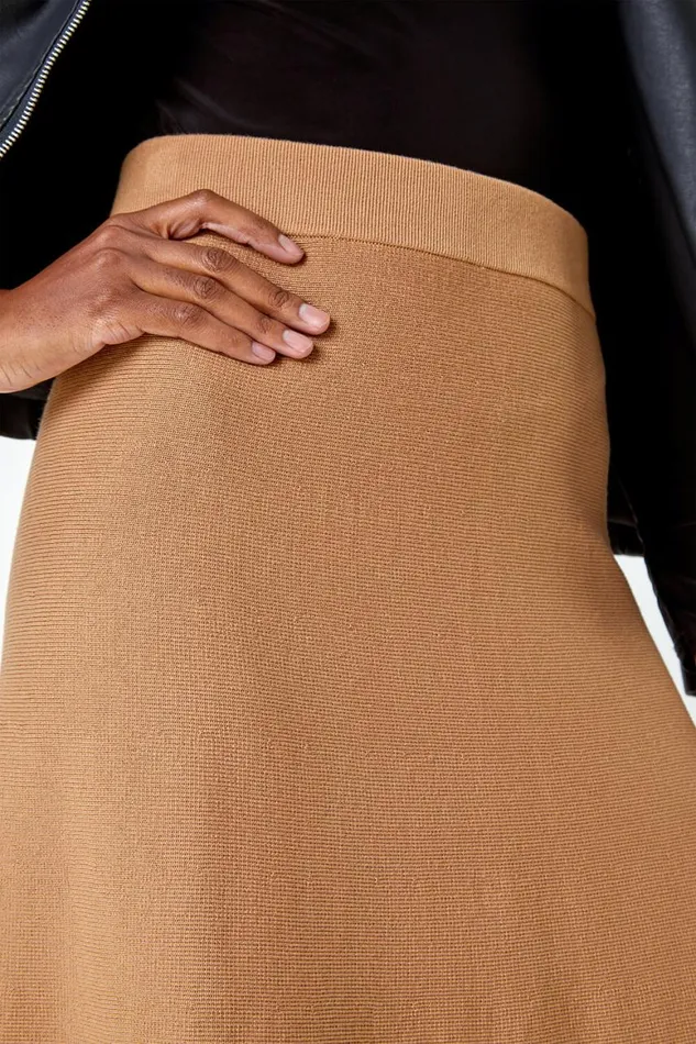 Women Camel Knitted Elastic Waist A Line Midi Skirt Roman Skirts