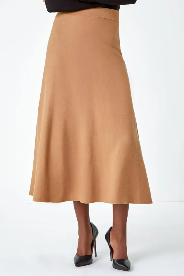 Women Camel Knitted Elastic Waist A Line Midi Skirt Roman Skirts