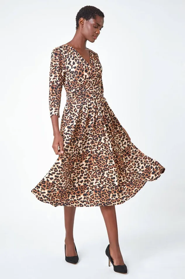 Women Camel Leopard Print Mock Wrap Midi Stretch Dress Roman Dresses