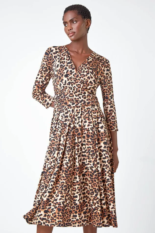 Women Camel Leopard Print Mock Wrap Midi Stretch Dress Roman Dresses