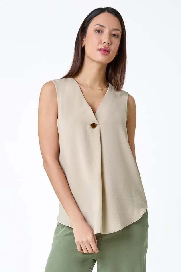 Women Camel Pleat Front Button Detail VNeck Vest Roman Tops
