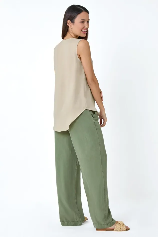 Women Camel Pleat Front Button Detail VNeck Vest Roman Tops