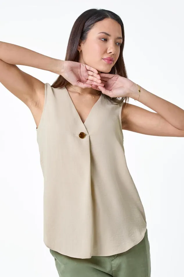 Women Camel Pleat Front Button Detail VNeck Vest Roman Tops