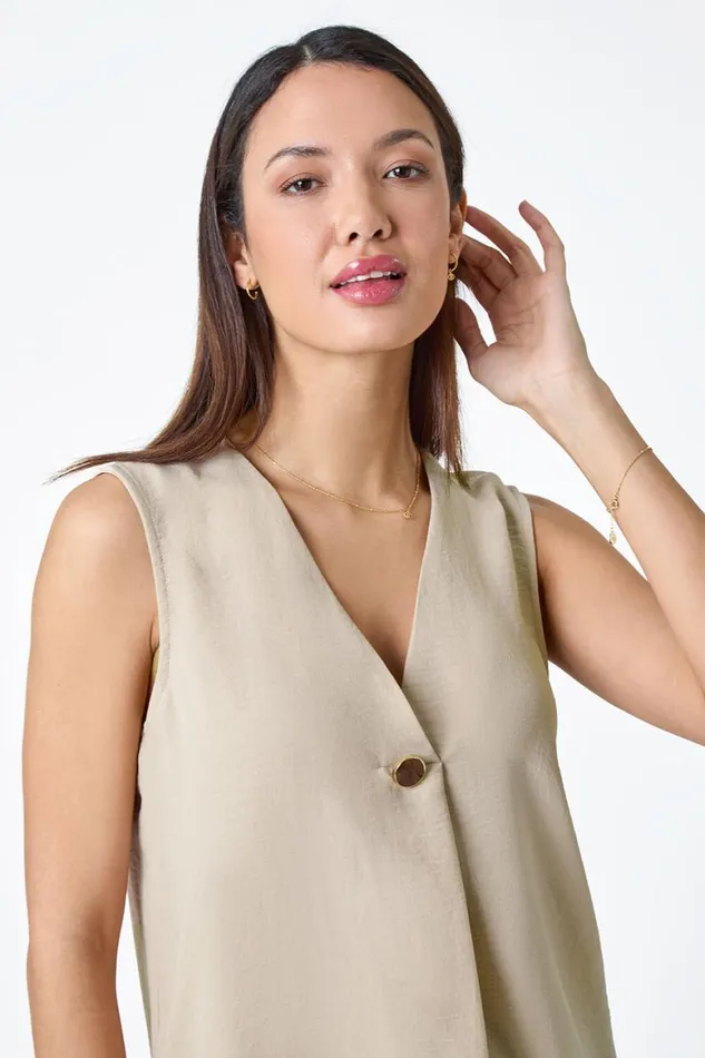 Women Camel Pleat Front Button Detail VNeck Vest Roman Tops