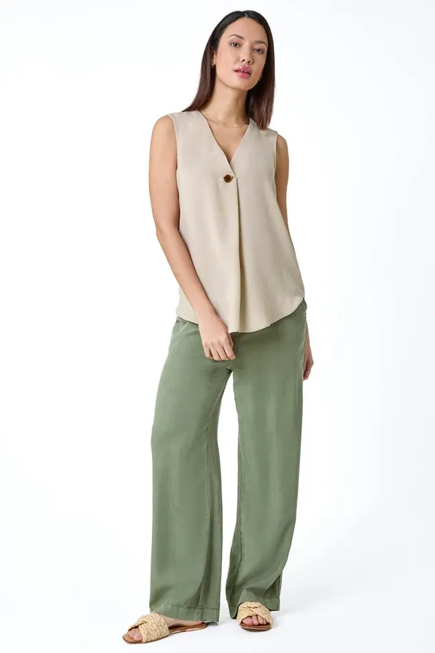 Women Camel Pleat Front Button Detail VNeck Vest Roman Tops
