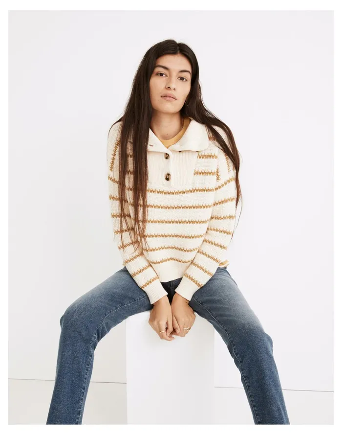 Women Canby Button Mockneck Sweater In Stripe Antique Cream Madewell Sweaters