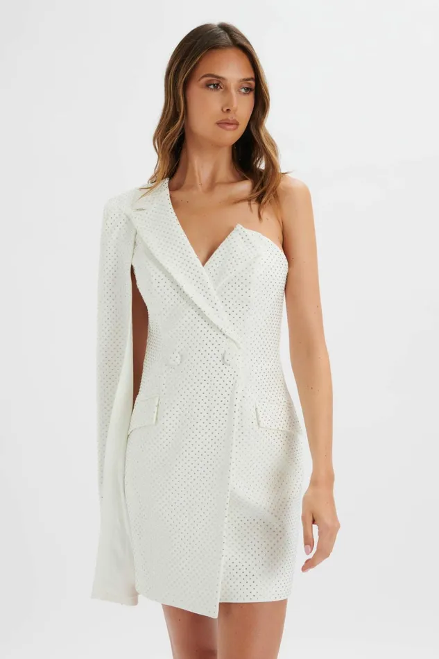 Women Cape Dresses Lavish Alice MARCY Crystal Embellished One Shoulder Cape Blazer Dress In White White Women Cape Dresses Lavish Alice MARCY Crystal Embellished One Shoulder Cape Blazer Dress In White White